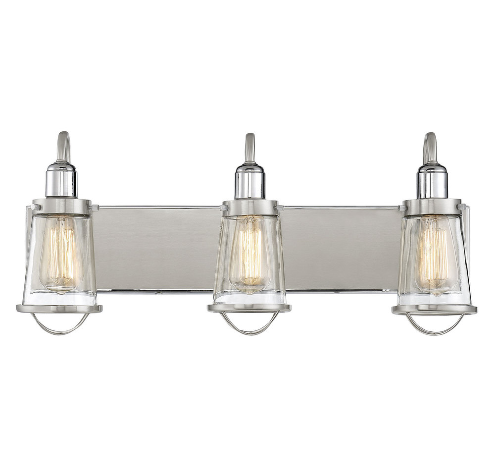 Lansing 3-Light Bathroom Vanity Light in Satin Nickel with Polished Nickel Accents