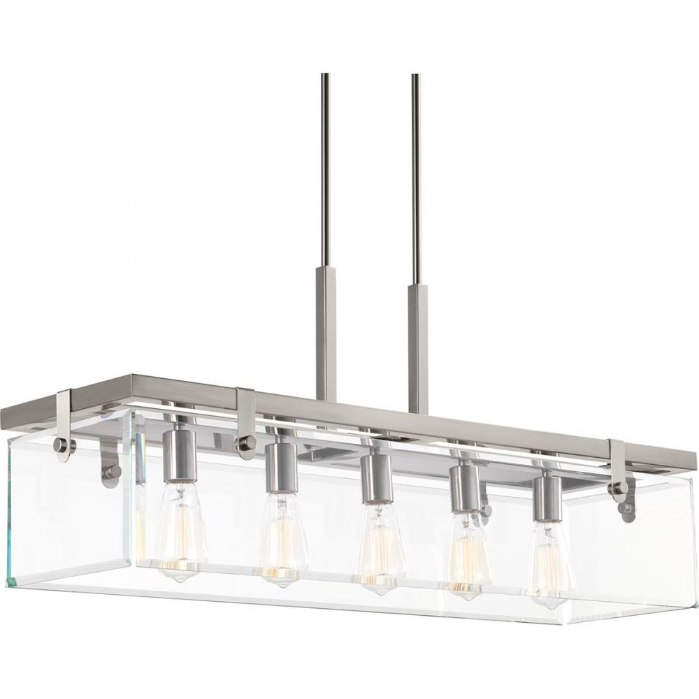 Glayse Collection Five-Light Brushed Nickel Clear Glass Luxe Linear Chandelier Light