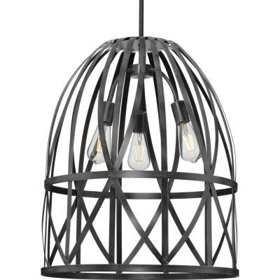 Chastain Collection Three-Light Cerused Black Oak Basket Farmhouse Pendant Light