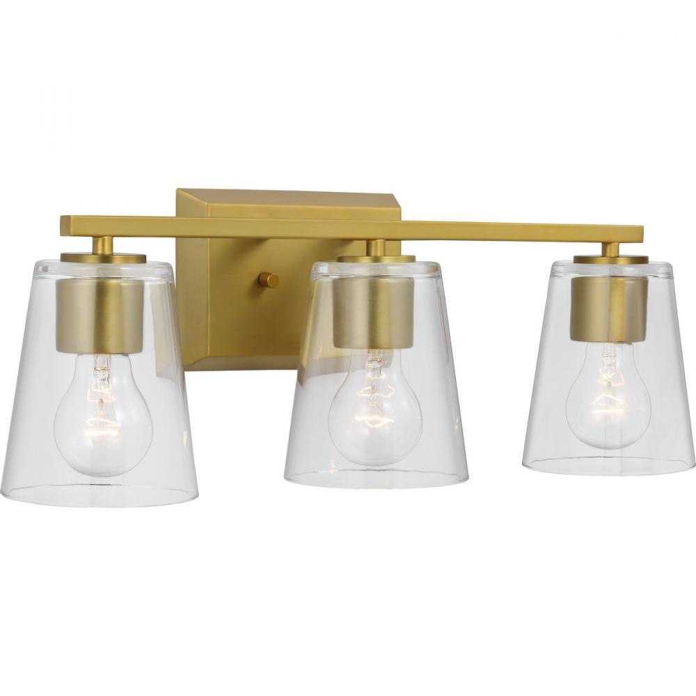 Vertex Collection Three-Light Brushed Gold Clear Glass Contemporary Bath Light