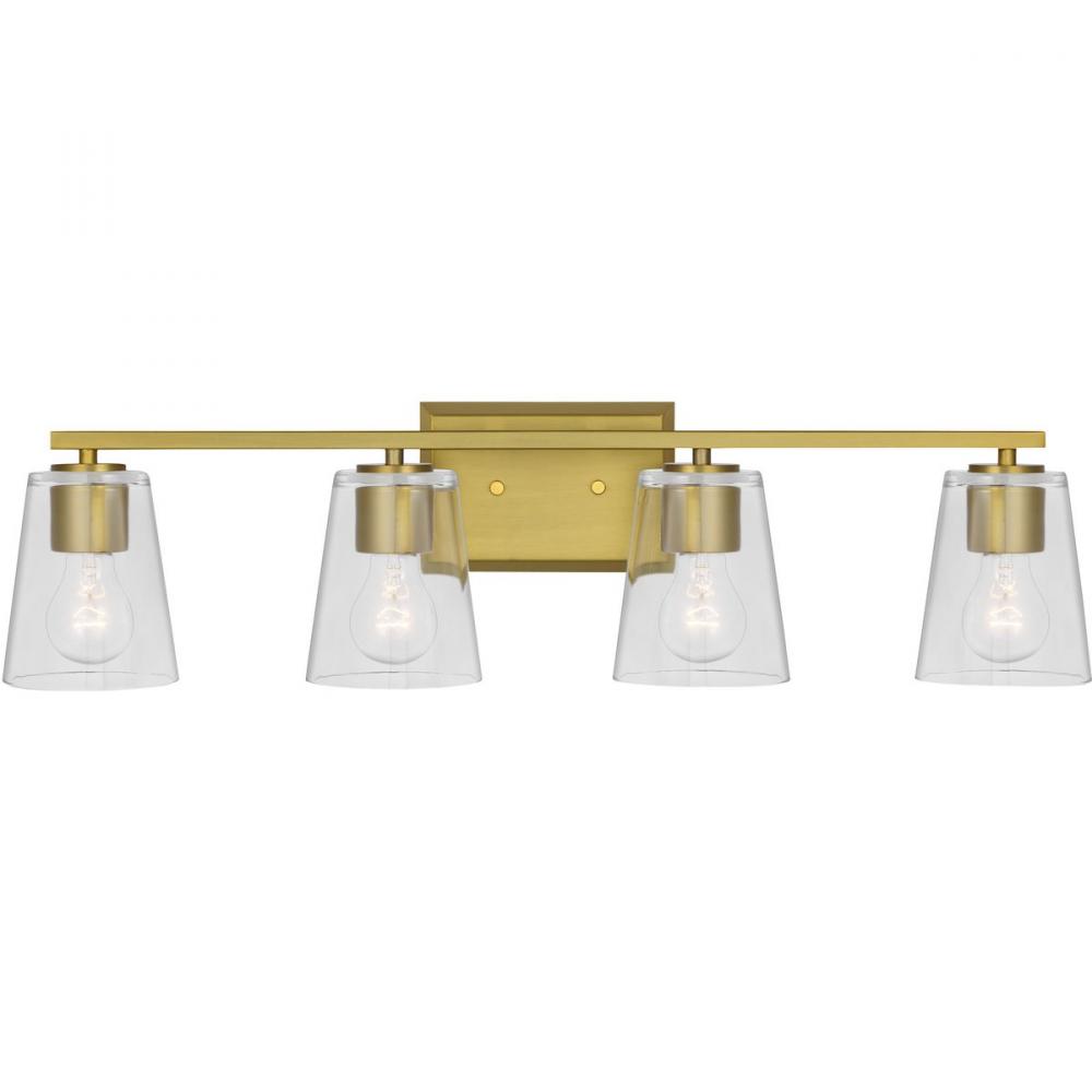 Vertex Collection Four-Light Brushed Gold Clear Glass Contemporary Bath Light