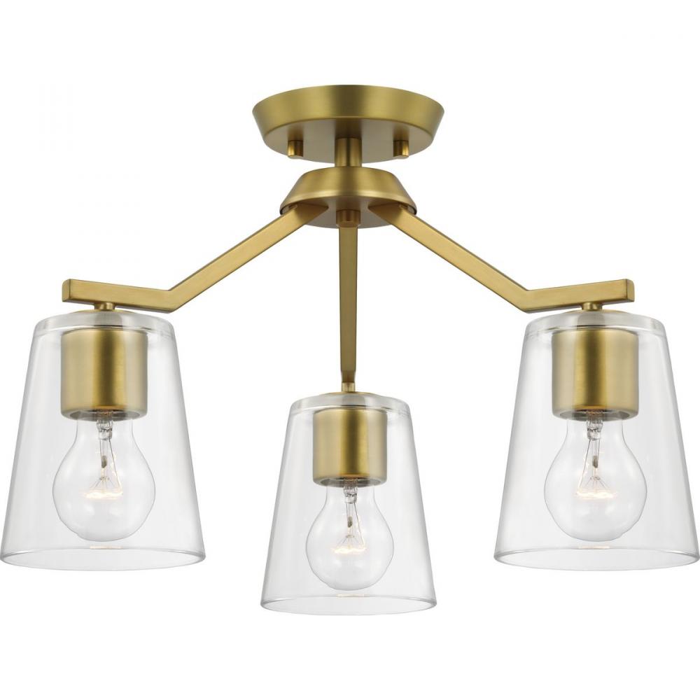 Vertex Collection Three-Light Brushed Gold Clear Glass Contemporary Convertible Chandelier