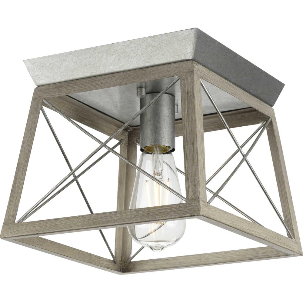 Briarwood Collection One-Light Galvanized and Bleached Oak Farmhouse Style Flush Mount Ceiling Light