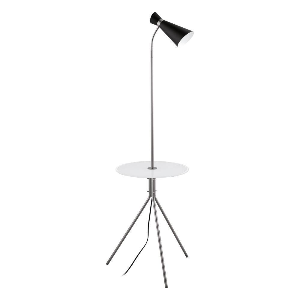 1 LT Floor Lamp w/ Matte Nickel Finish & Black Metal Shade w/ White & Clear Glass Table Top