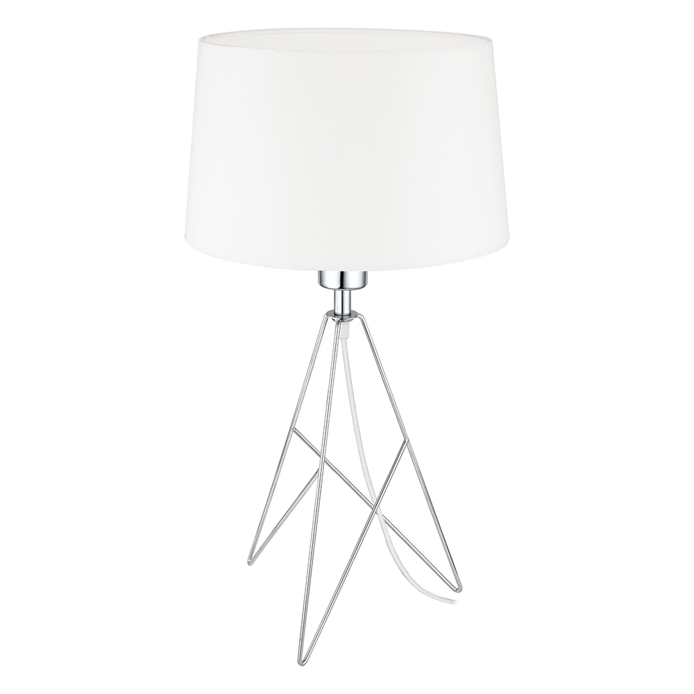 1 LT Table Lamp with a Geometric Shaped Chrome Base Finish and Round White Fabric Shade