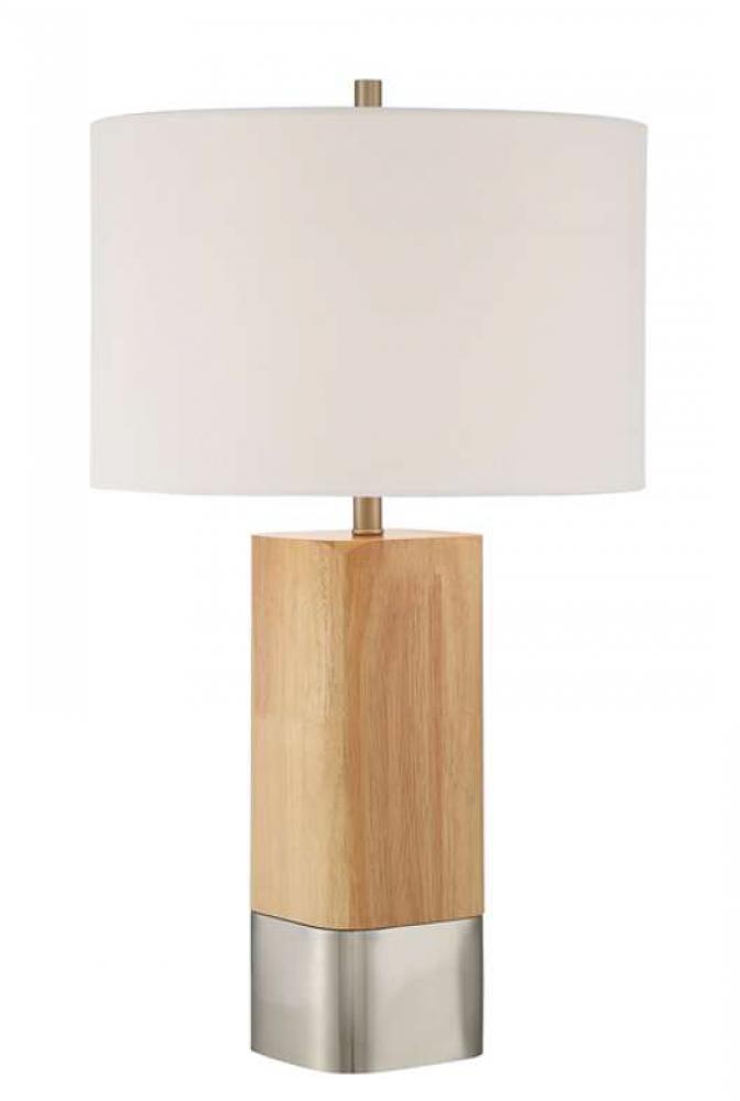 1 Light Wood/Metal Base Table Lamp w/ USB in Natural Wood/Brushed Polished Nickel