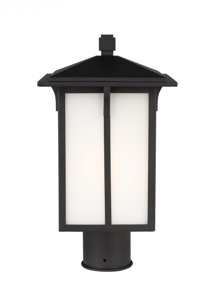 Tomek modern 1-light LED outdoor exterior post lantern in black finish with etched white glass panel