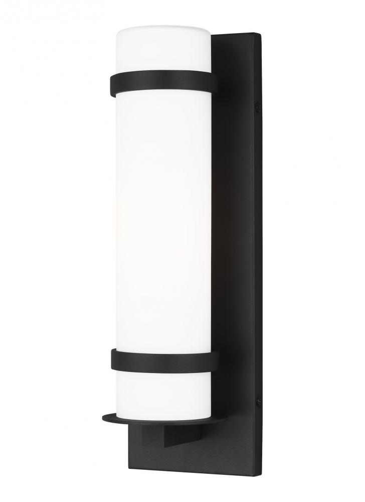 Alban modern 1-light LED outdoor exterior small round wall lantern sconce in black finish with etche
