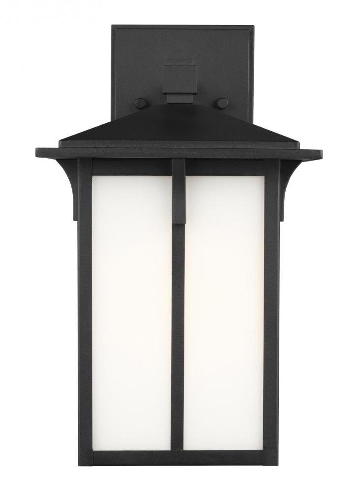 Tomek modern 1-light LED outdoor exterior medium wall lantern sconce in black finish with etched whi
