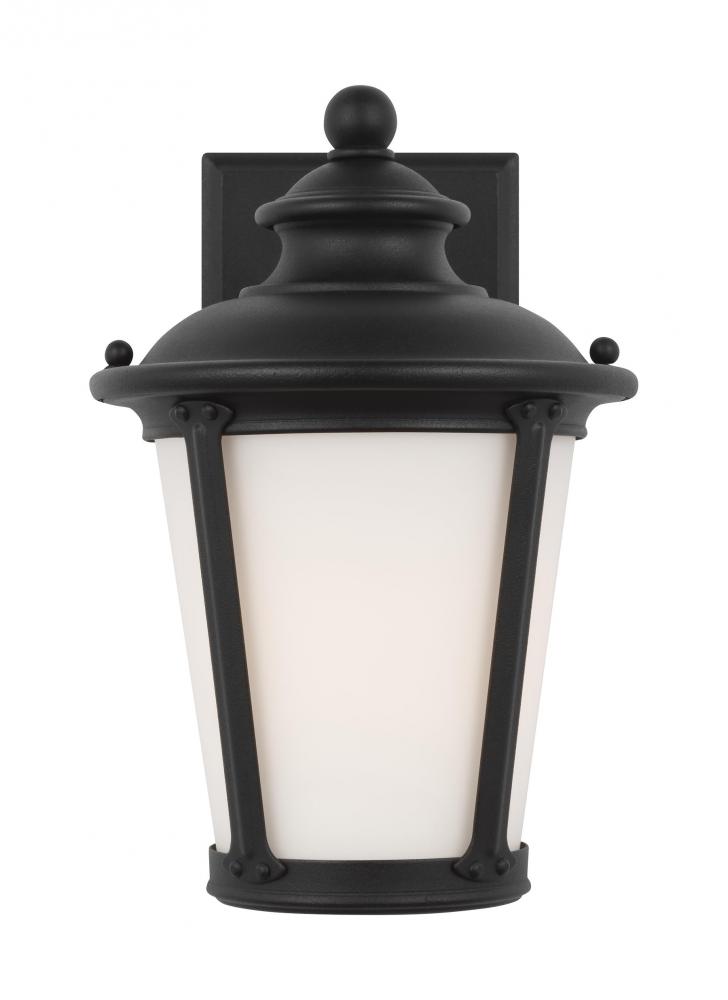Cape May traditional 1-light LED outdoor exterior wall lantern sconce in black finish with etched wh