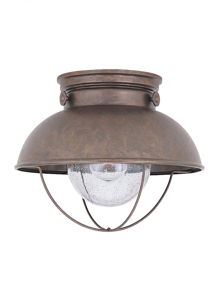 Sebring transitional 1-light LED outdoor exterior ceiling flush mount in weathered copper finish wit