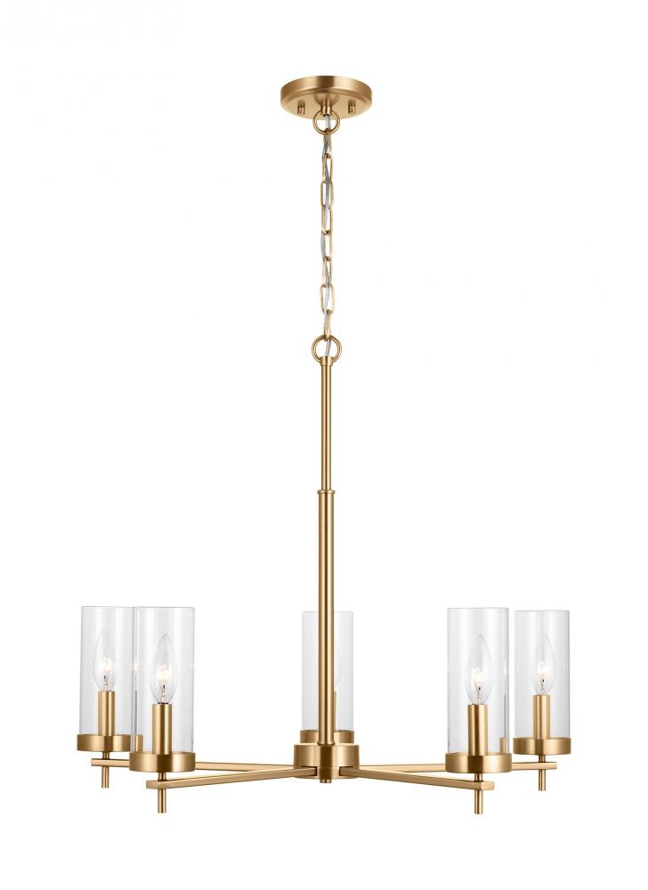 Zire dimmable indoor 5-light chandelier in a satin brass finish with clear glass shades