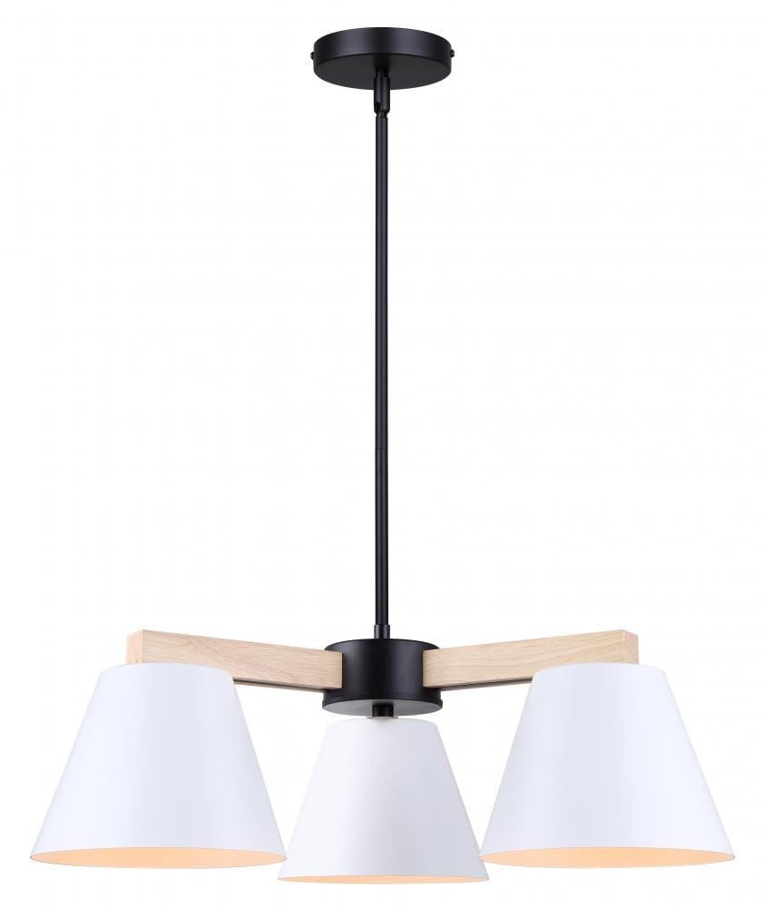 Harlyn 3 Light Matte Black, Matte White, and Wood Modern Chandelier for Dining Rooms and Living