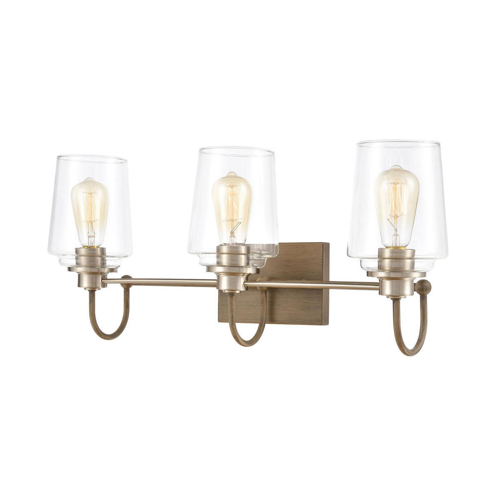 Bakersfield 3-Light Vanity Light in Light Wood with Clear Glass